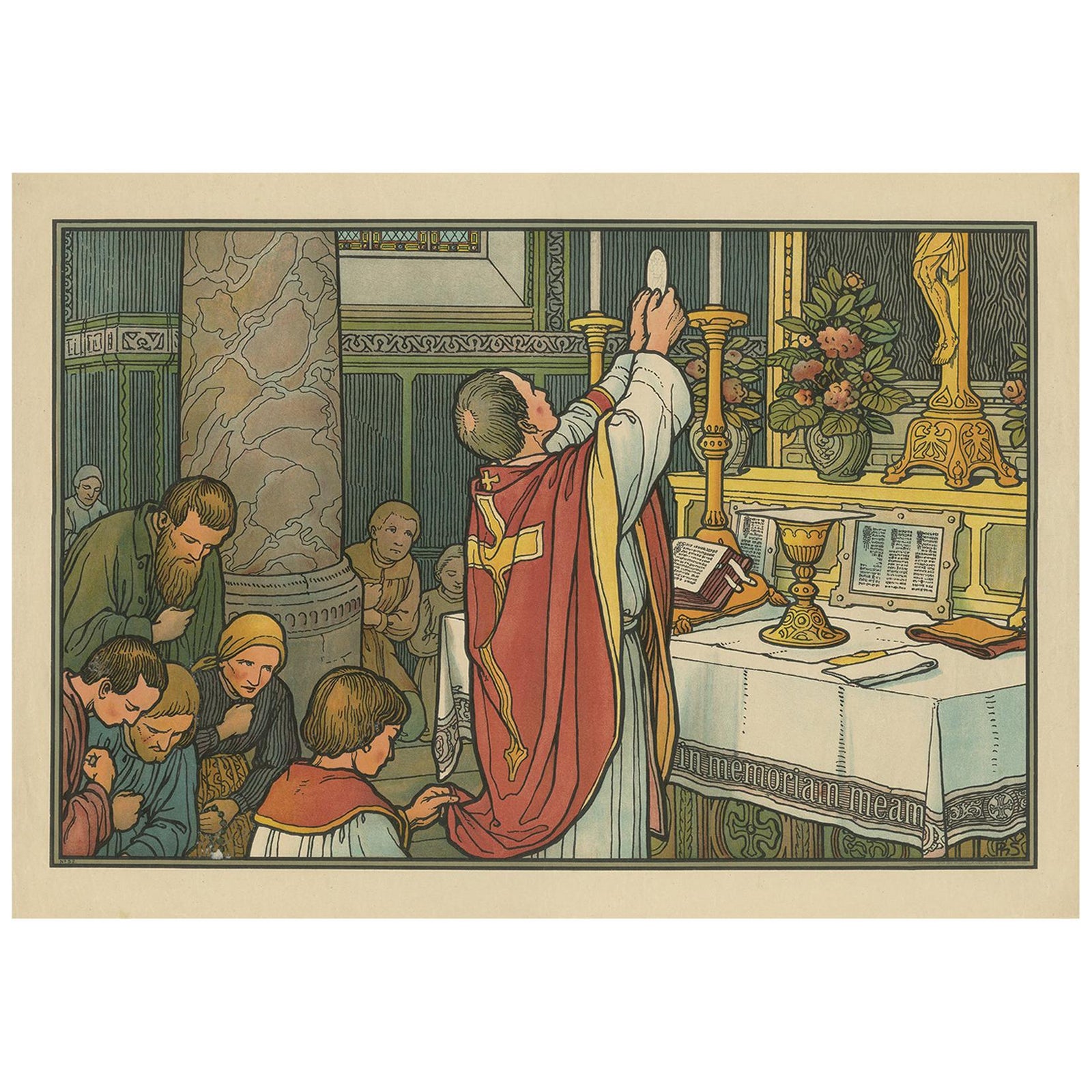 Antique Religion Print of the Seven Sacraments, Eucharist, 1913