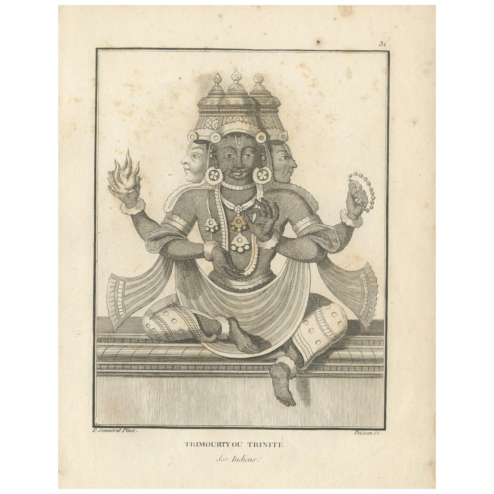 Rare 1806 Trimurti Trinity Antique Print, Hindu Deity Engraving Collectible