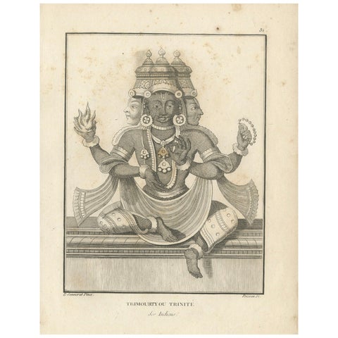 Rare 1806 Trimurti Trinity Antique Print, Hindu Deity Engraving Collectible