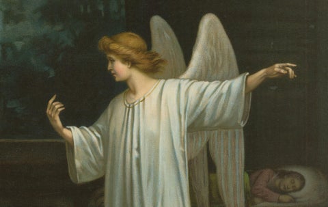 Saint Joseph Visited by an Angel, Antique German Chromolithograph c.1900, close-up 1