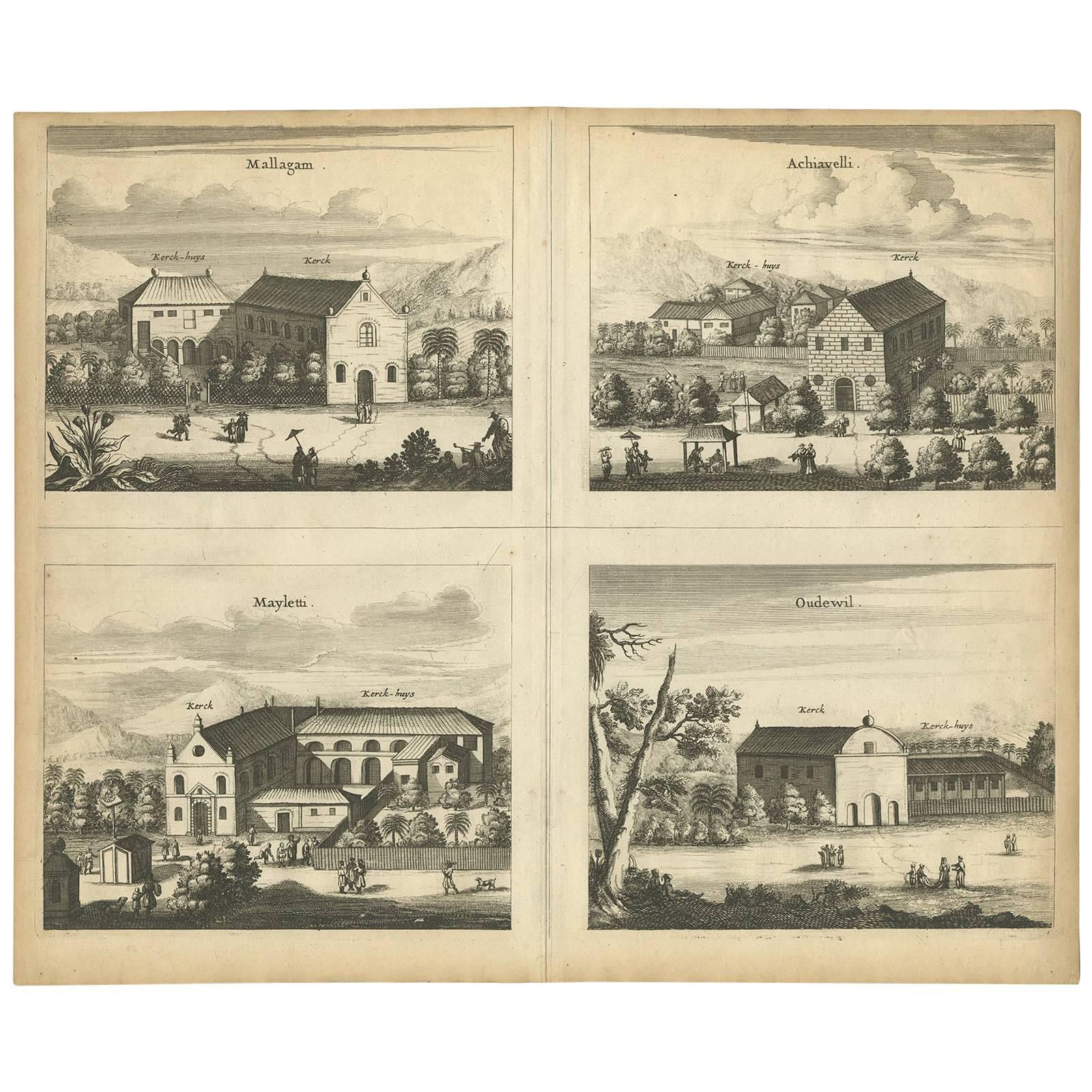 Antique Print of the Churches of Mallagam, Achiavelli, Mayletti and Oudewil