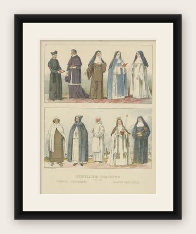Catholic Religious Costume Study, Hand-Colored Print, Published ca.1880, shown framed
