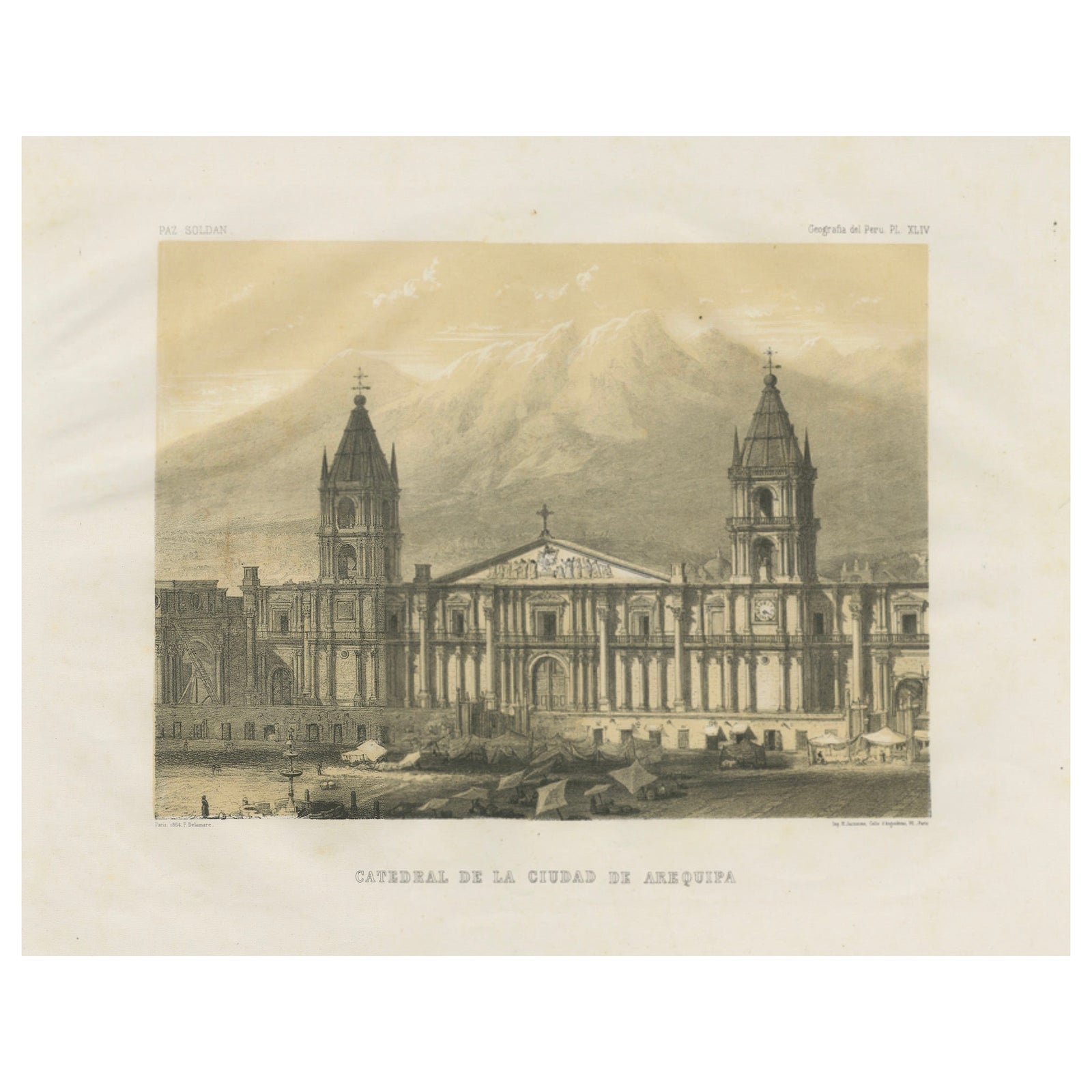 Cathedral of Arequipa Peru, Antique Architectural Lithograph c.1865