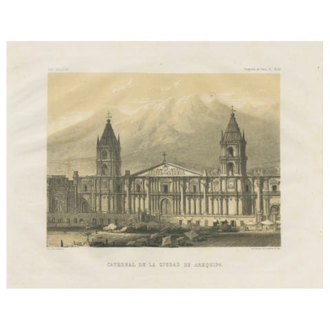 Cathedral of Arequipa Peru, Antique Architectural Lithograph c.1865