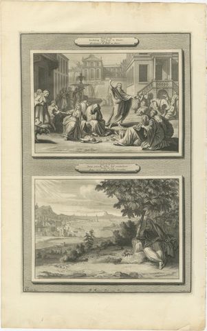 Jonah Preaches at Nineveh and Jonah Under the Gourd, Mortier Bible circa 1700, view 2