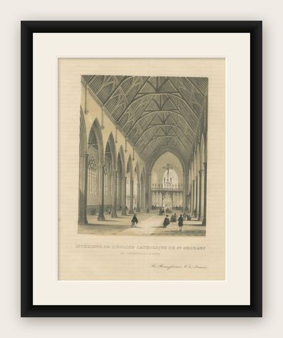 Lithograph of St. George's Church Interior Under Construction in London, 1843, shown framed