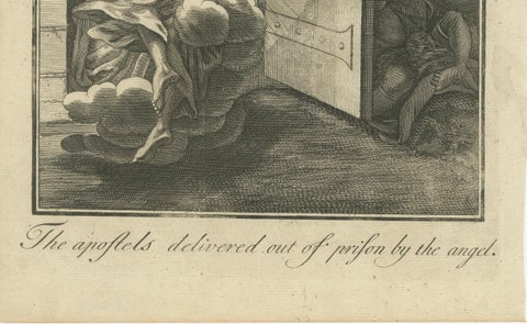 Apostles Released by Angel, Acts V Antique Engraving c.1735, close-up 1