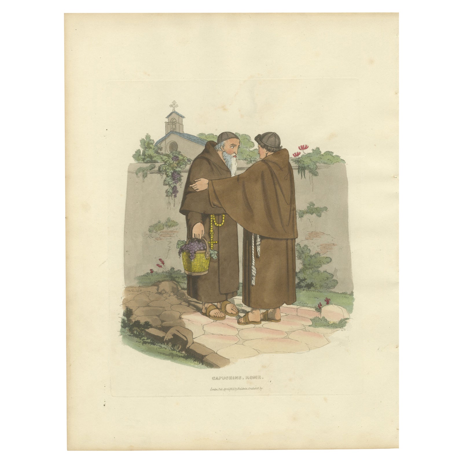 Capuchin Monks & Roman Serenity, 1820 Etching of Devotion