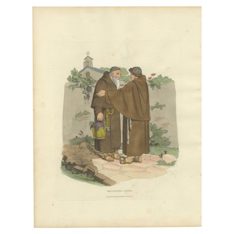 Capuchin Monks & Roman Serenity, 1820 Etching of Devotion