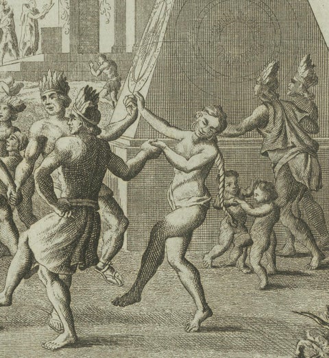 Old Engraving of Mexican Festivities and Rituals in the Age of Discovery, 1794, close-up 1