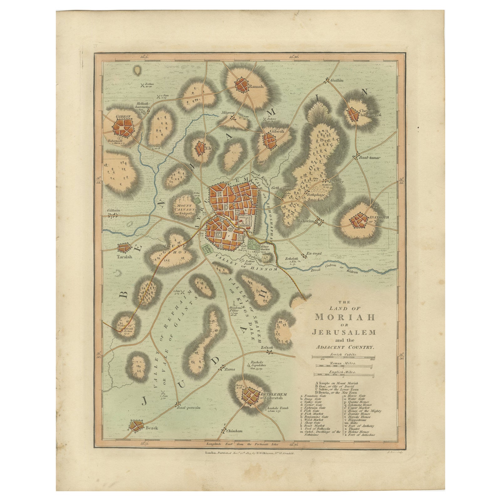 The Land of Moriah or Jerusalem & the Adjacent Country, Biblical City Map, 1814