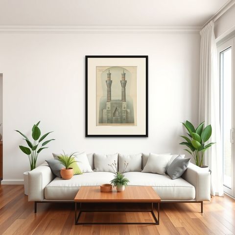 Gök Medrese Sivas Twin Minarets, Seljuk Islamic Architecture Print 1924, shown framed in a room, true to size