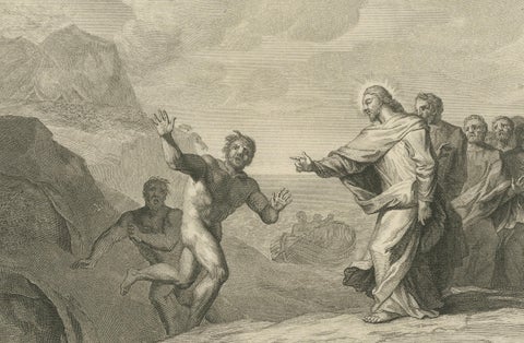 Christ Healing the Possessed and the Paralytic, Antique Biblical Print, c.1700, close-up 2