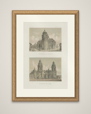 Hand-colored lithograph views of the Cathedral and La Merced Church, Lima, 1865, shown framed