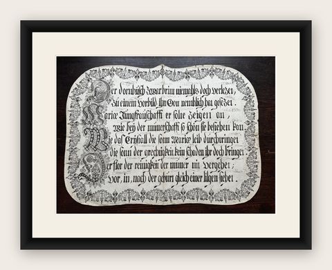Unique 18th c. German Manuscript Broadside, Virgin Mary Devotional Poem, c.1750, shown framed