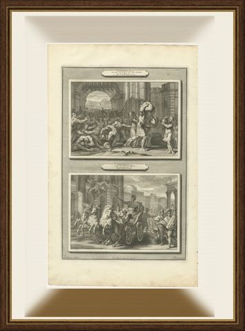A Lord Trampled at Samaria and the Death of Jezebel, Pieter Mortier, circa 1700, shown framed