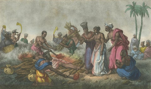 Historical Depiction of a Widow's Sacrifice on a Funeral Fire in India, 1827, close-up 1