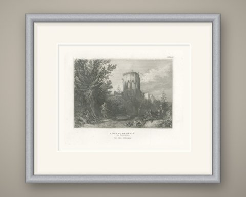 Antique View of the Ruins of Samaria, Holy Land Engraving, circa 1850, shown framed