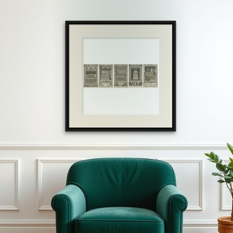Westminster Abbey Monuments, Five English Engravings after Gravelot c.1730, shown framed on a wall, true to size