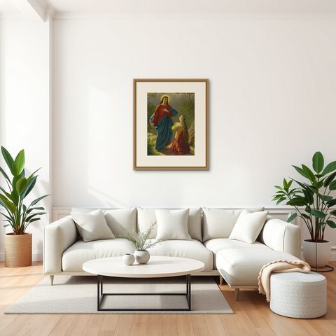Jesus Appears to Mary Magdalene, Antique German Chromolithograph, c. 1895, shown framed in a room, true to size