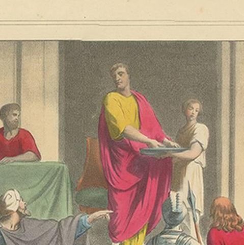 Antique Religious Print 'No. 33' Pilate Washing His Hands, circa 1840, close-up 1