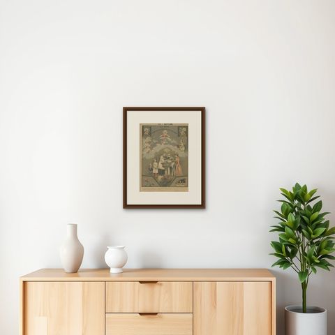 Antique Print of Baptism by Mouterde, circa 1900, shown framed on a wall, true to size