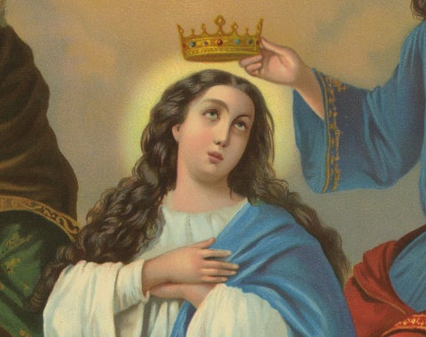 Antique Coronation of Mary Religious Chromolithograph with Gold, c. 1900, close-up 3