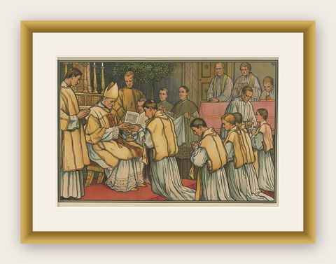Antique Religion Print of the Seven Sacraments, Holy Orders, 1913, shown framed