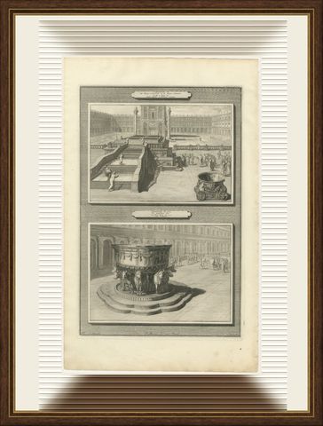 Bronze Pillars and the Molten Sea of Solomon's Temple, Mortier, circa 1700, shown framed
