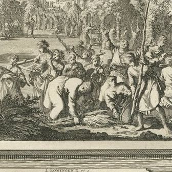 Feast of Tabernacles and the Queen of Sheba Visits Solomon, Mortier, circa 1700, close-up 2