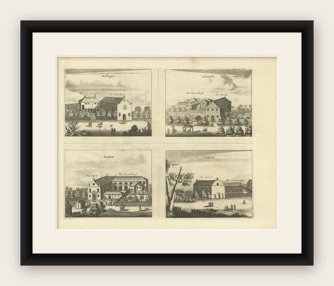 Antique Print of various Churches on Ceylon by Churchill, 1744, shown framed