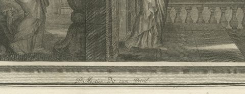 David Sees Bathsheba and Nathan Rebukes David, Pieter Mortier, circa 1700, close-up 1
