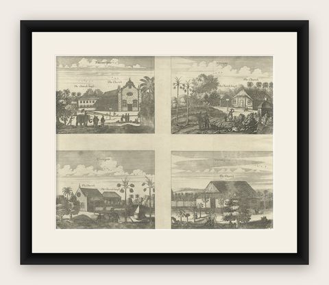 Antique Print of various Churches on Ceylon or Nowadays Sri Lanka, 1704, shown framed