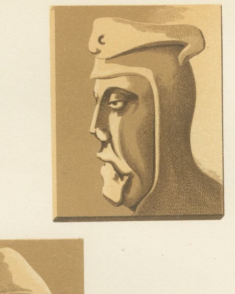 Carved Stall Heads at Vitteaux, Côte d'Or, Antique Print, 1851, close-up 2