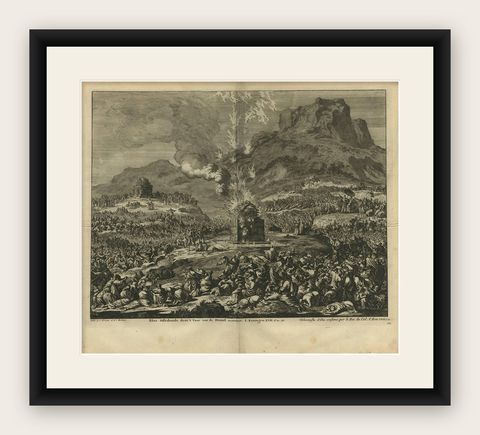 Antique Bible Print Elijah's Burnt Offering by J. Luyken, 1743, shown framed