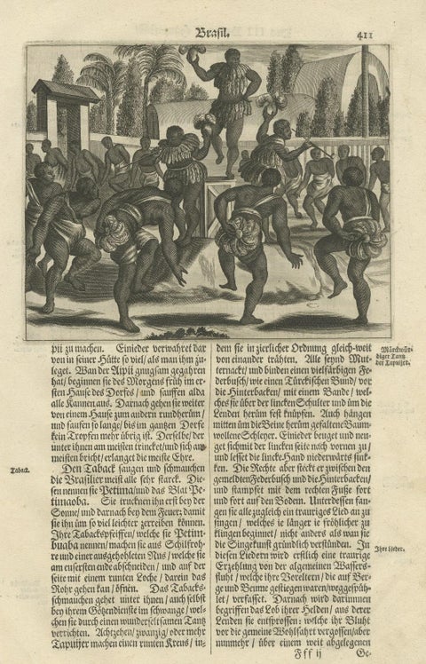 Ritual Dance in Brazil in the 17th Century on a Copper Engraving by Montanus, close-up 1