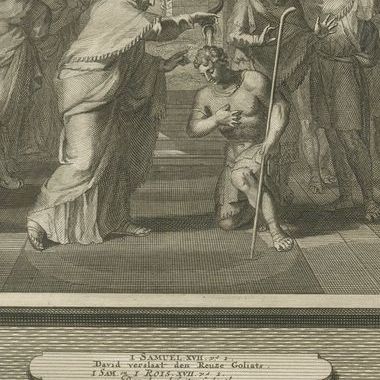 Samuel Anoints David and David Slays Goliath, Mortier Bible circa 1700, close-up 2