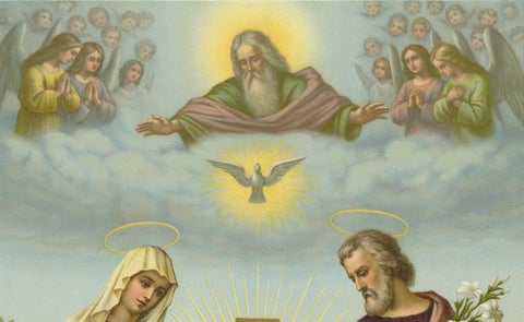 Holy Family with God the Father, Antique German Chromolithograph, 1900, close-up 3
