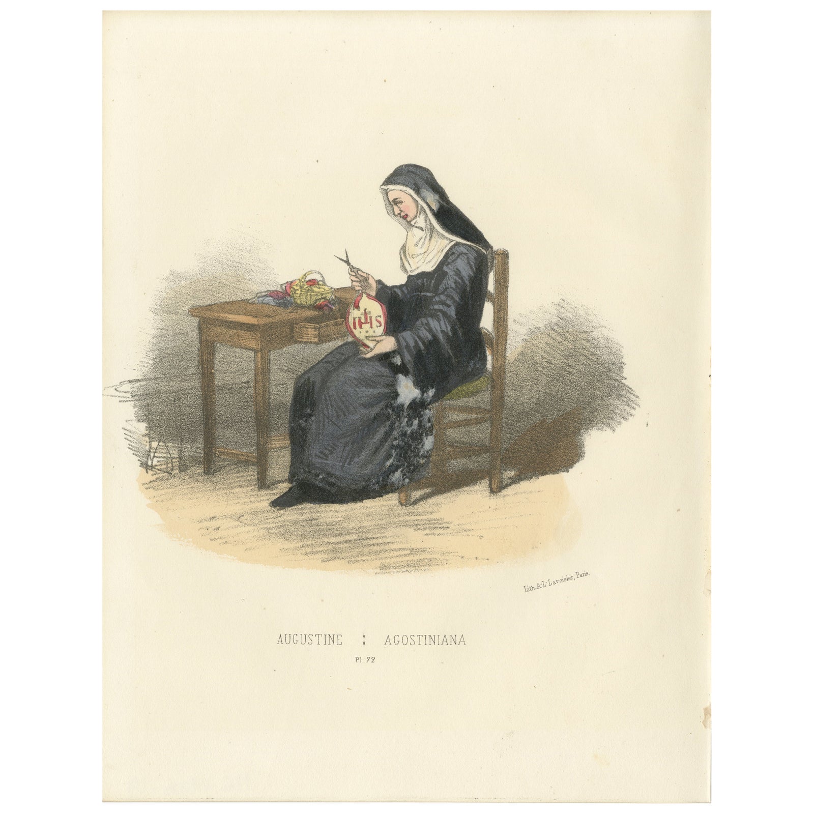 Augustine, 1862 Hand-Colored Lithograph of an Augustinian Nun