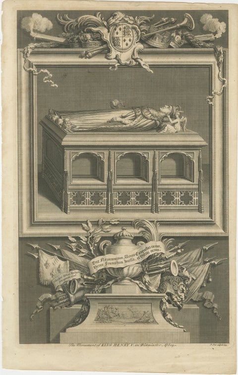 Antique Engraving Henry V Tomb Westminster Abbey, Vertue, c.1735, view 2