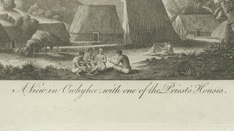 Hawaii Religious Site & Village Engravings, Owhyhee, Cook Voyage, c.1790, close-up 6