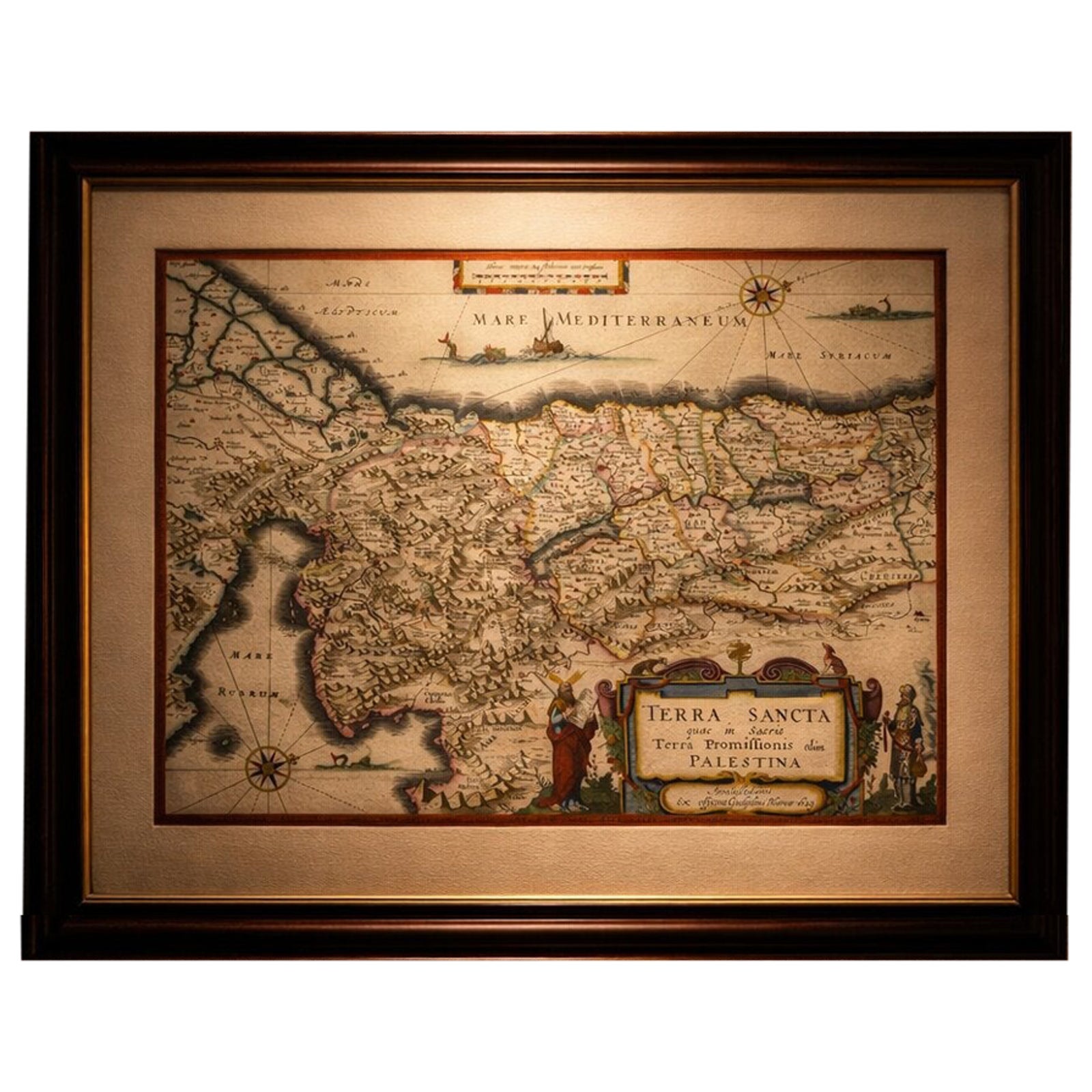 Blaeu Holy Land Map, Terra Sancta Palestina, Figural Cartouche, 1642