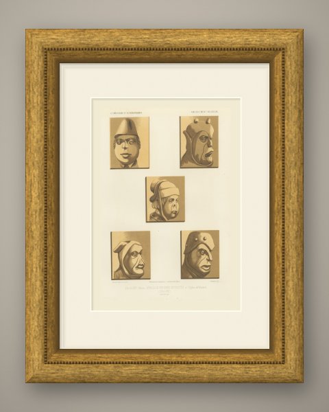 Carved Stall Heads, Vitteaux, Antique Chromolithograph, 1851, shown framed