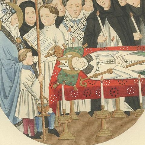 Antique Print of a Funeral of an Italian Bishop, 14th Century, by Bonnard, 1860, close-up 2