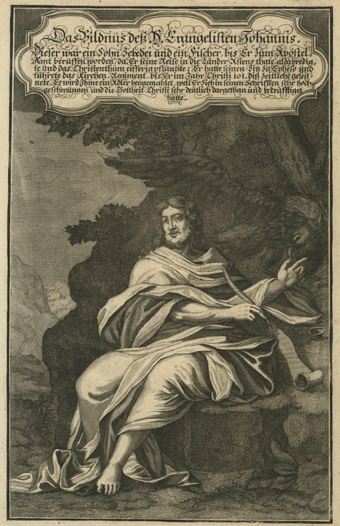 Antique Portrait of John the Evangelist, German Bible Illustration, 1708, close-up 1