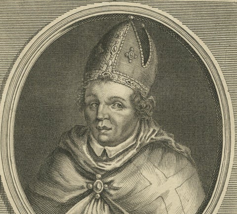 Saint Arno, Bishop of Metz, French Religious Engraving, circa 1670, close-up 3