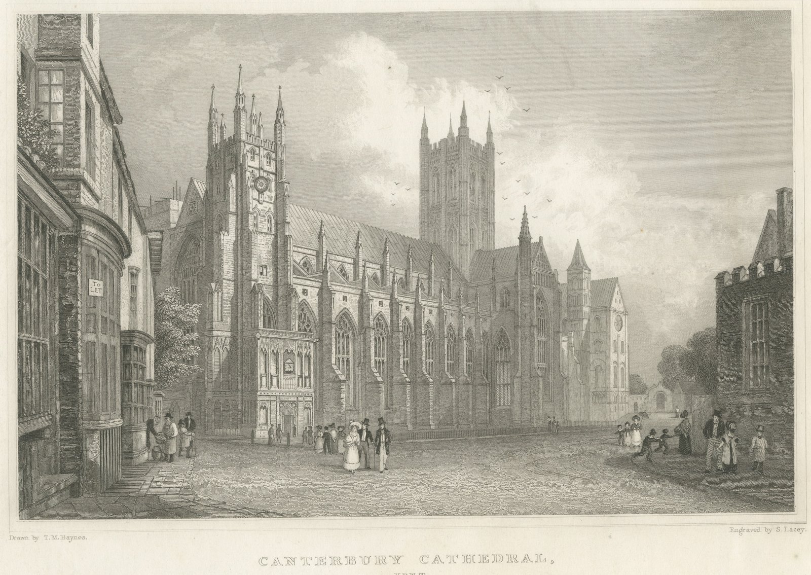 Canterbury Cathedral, Kent, after T. M. Baynes, Antique Steel Engraving, 1837