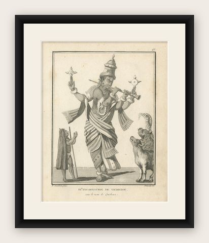 Unique 1806 Buddha Vishnu Avatar Antique Print, Hindu Engraving Collectible, shown framed