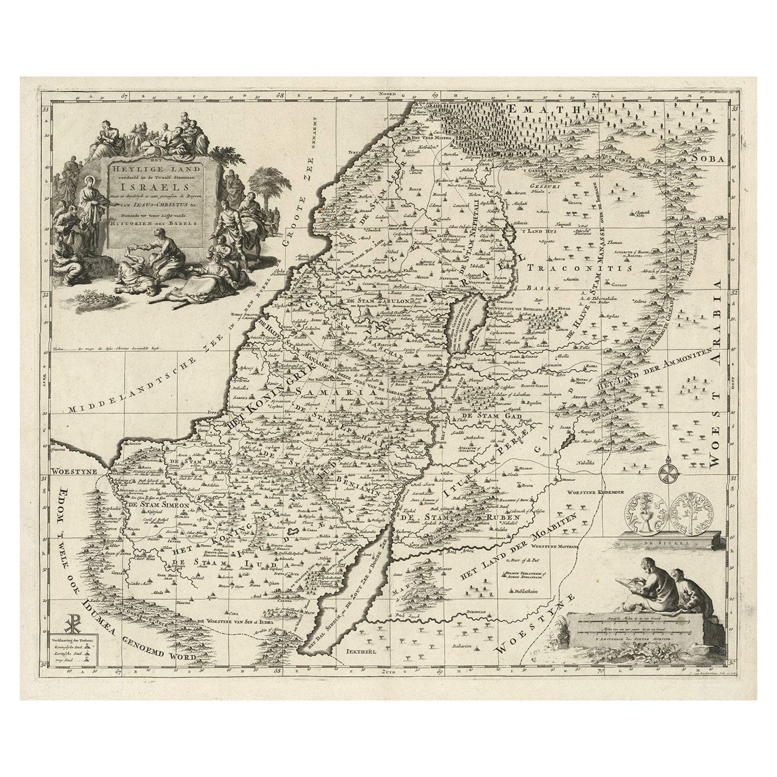 Highly Detailed Antique Map of the Holy Land Showing 12 Tribes of Israel, c.1720