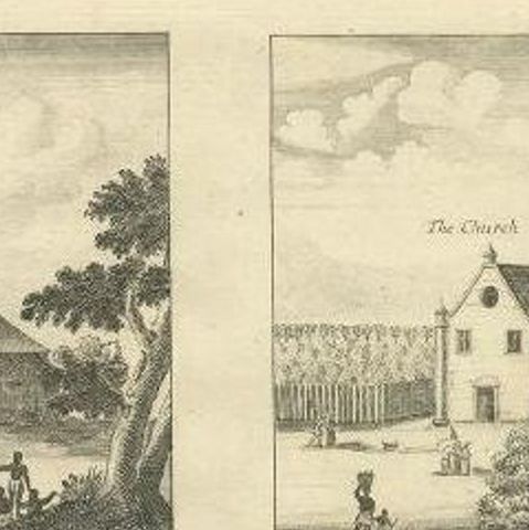 Antique Print of Various Churches on Ceylon by Churchill, 1744, close-up 1